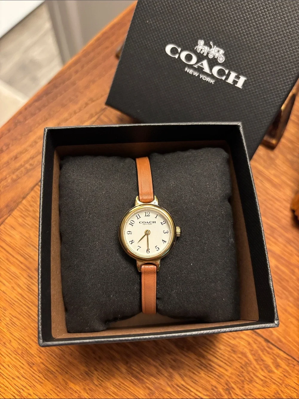COACH Women's Brown Leather Strap Watch with Gold Case